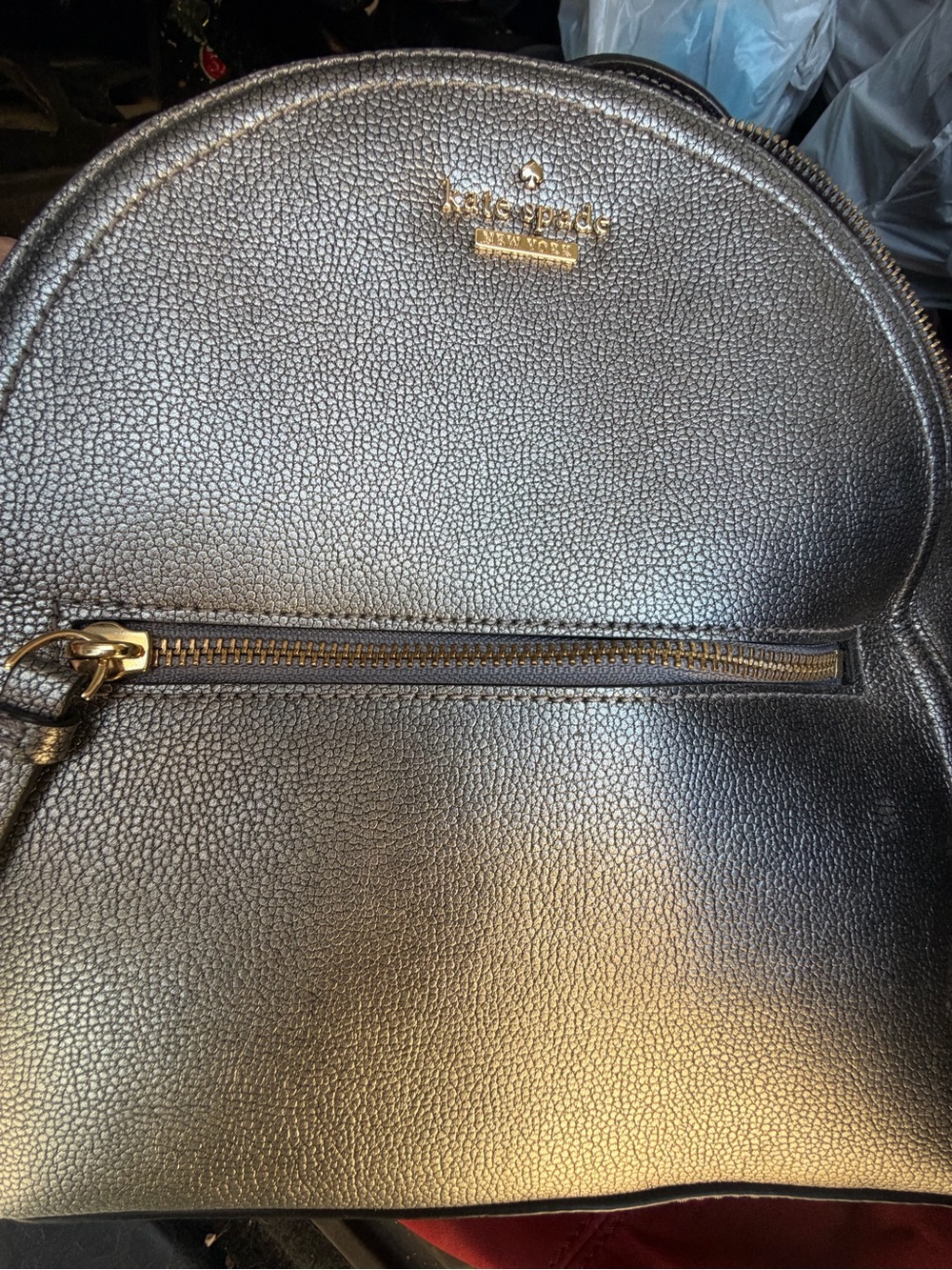 Kate Spade metallic pewter pebbled leather backpack with gold hardware
